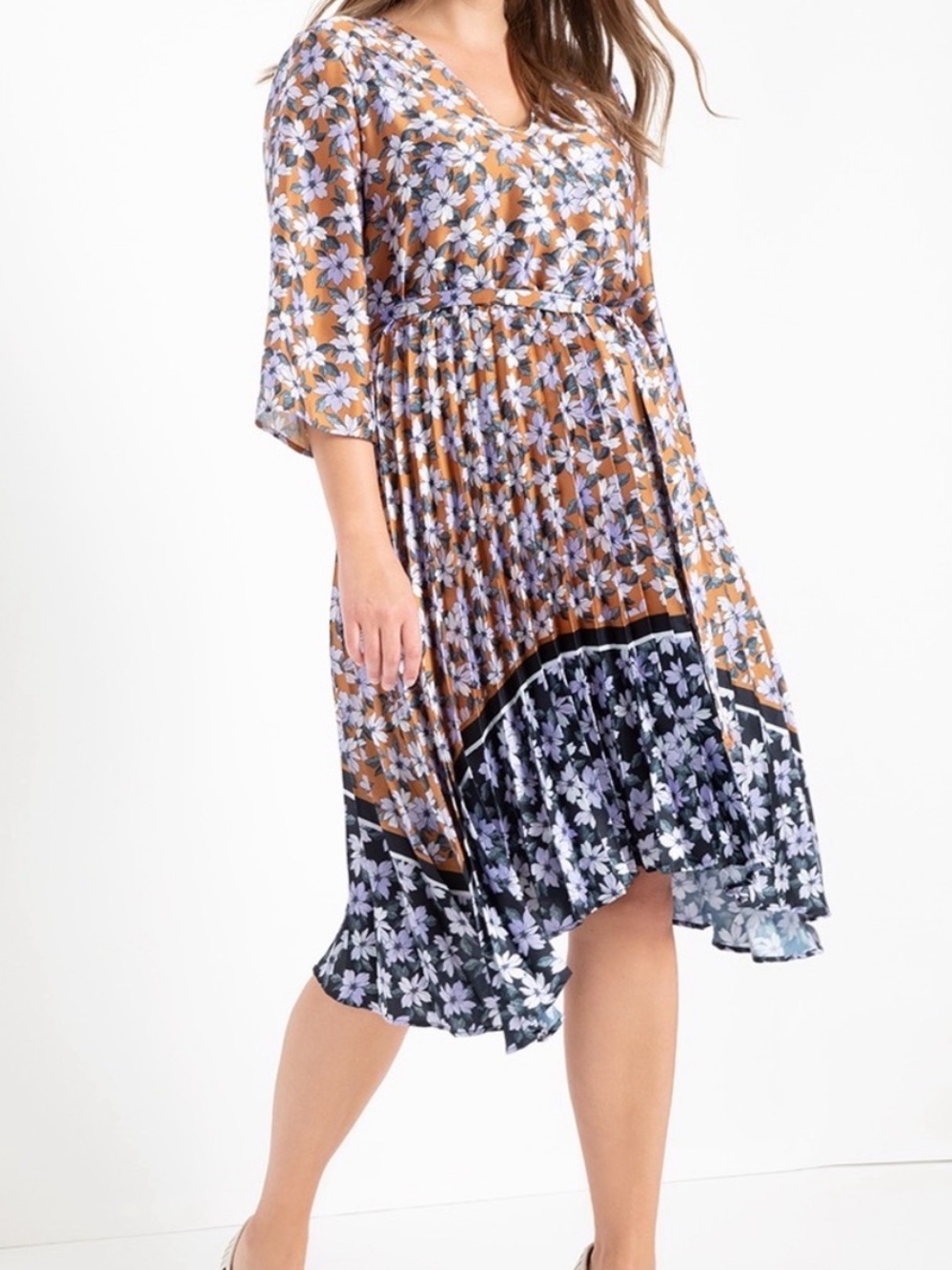 Eloquii Floral Midi Dress in Tan, Black & Lavender